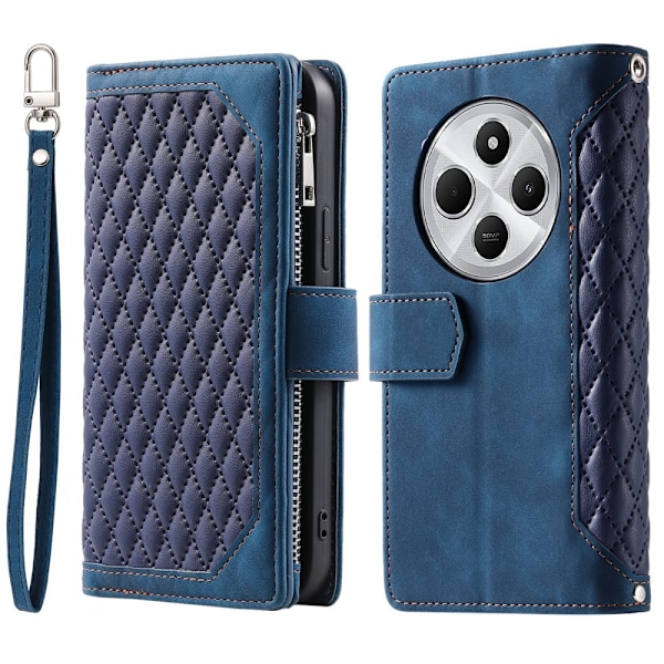 För Xiaomi Redmi 14C Zipper Wallet Case Rhombus Stitching Line Telefonfodral Blå