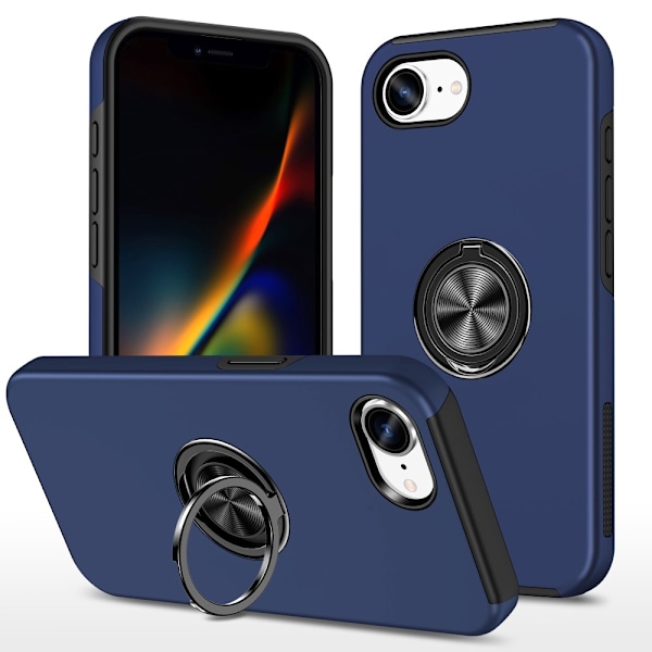Til iPhone 17e / 16e Finger Ring Kickstand Hybrid Taske Blue