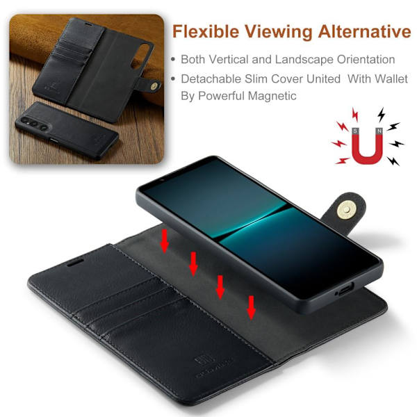 DG.MING Sony Xperia 1 V: lle Irrotettava 2-in-1-lompakon kansi Black