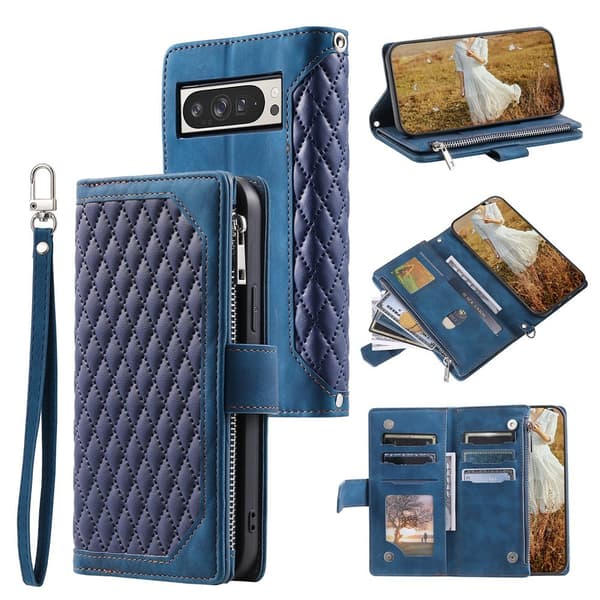 För Google Pixel 10 Pro XL Zipper Wallet Case Rhombus Telefonfodral Blå