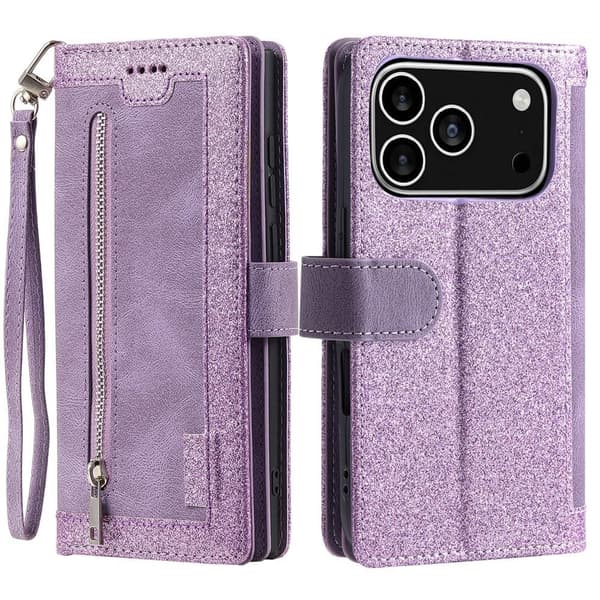 Til iPhone 17 Pro  Etui med Lynlåslomme og 9 Kortlommer Purple