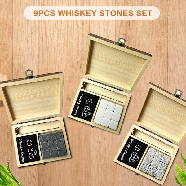 9 PCS Whiskey Stones Set Wooden Box Chilling Rocks Reusable Ice Cubes Grey