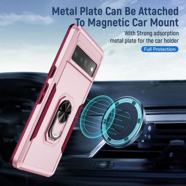 Google Pixel 7 Pro Hybrid skal med Finger Ring & Metall Plåt - Rosa Rosa