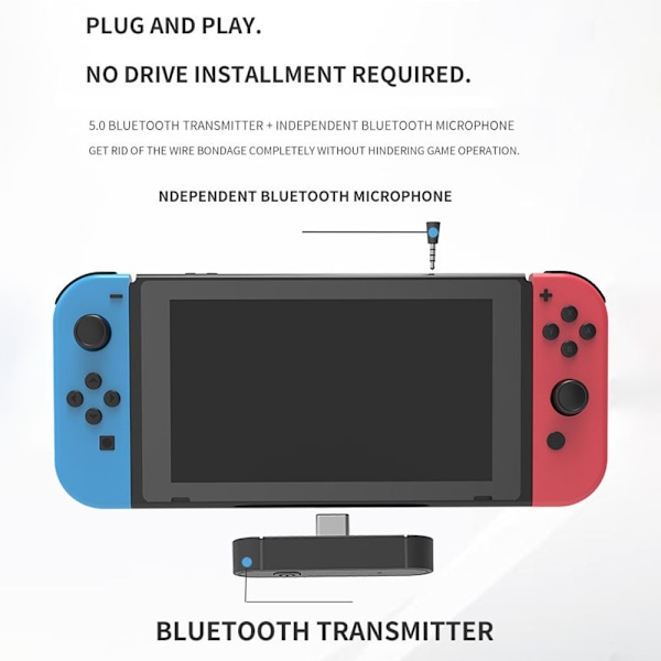 Yhteensopiva Nintendo Switch Switch Lite PS4 PS5 -pelikonsolin Bluetooth-vastaanotinlähettimen kanssa Black