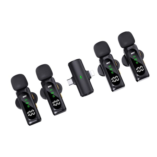 4-i-1 mikrofon med lavalier, OLED, ANC, støydemping, 4 mikrofoner + 1 mottaker Black