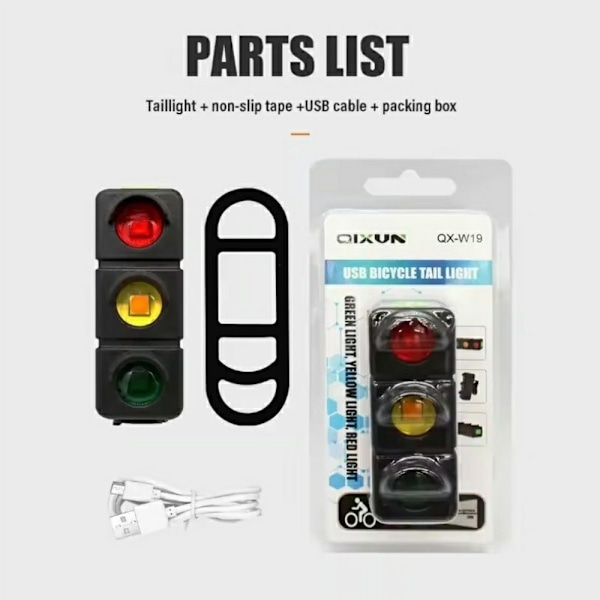 Baklys Sykkellys Oppladbart Varsellys 3 farger LED vanntett Black