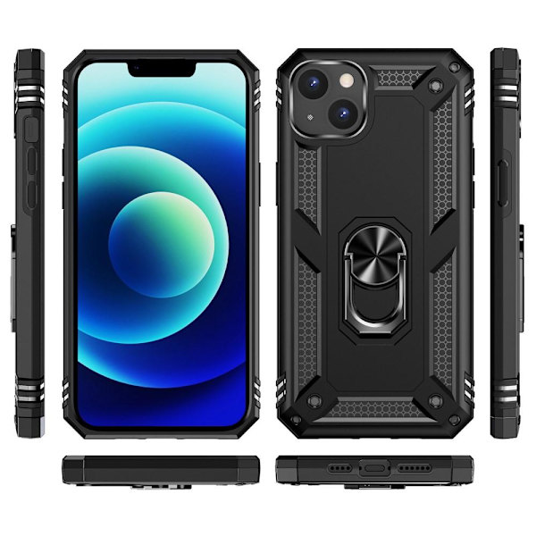 iPhone 14 Iskunkestävä TPU+PC Kickstand Puhelinkotelo Autoon kiinnitettävä metallilevy - musta Black