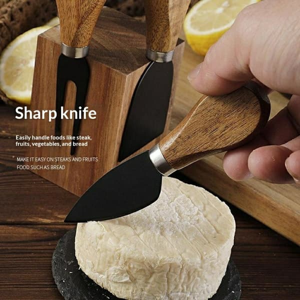 Sett med 5 ostekniver med blader i rustfritt stål og håndtak i akasietre + magnetisk holder Brown