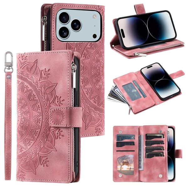 Pungetui kompatibelt med iPhone 17 Pro Max cover etui mandala blomstermønster Pink