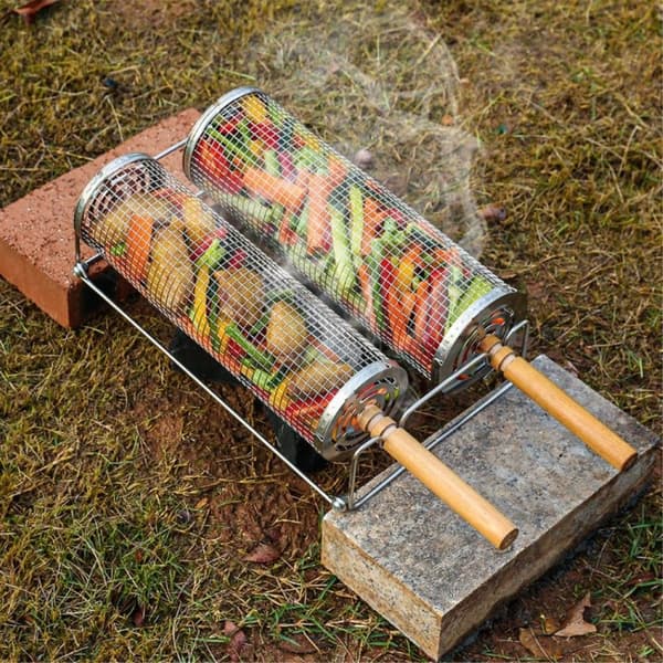 Grillkurv med trehåndtak, rullende grillnett, stor pakke Silver