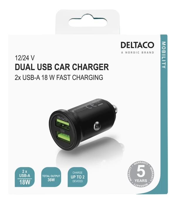 USB - autolaturi, 2x USB - A 18 W, pikalataus yhteensä 36 W Black