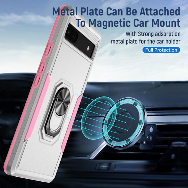 Google Pixel 6A iskunkestävä TPU+PC Kickstand -puhelinkotelo autoteline metallilevy - valkoinen/vaaleanpunainen White