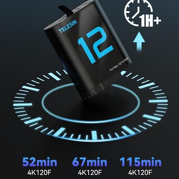 TELESIN S0-ECB-02-TGP akku GoPro Hero 12 11 10 9 1720 mAh vaihto Black
