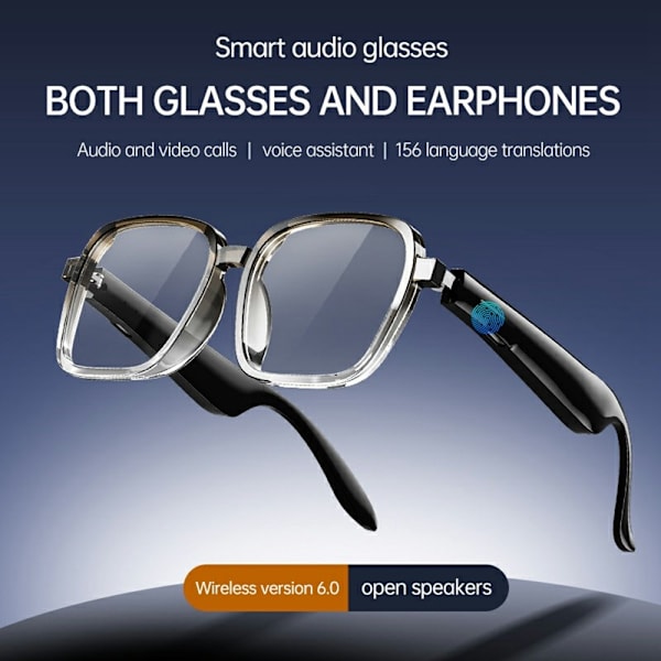 Smarte briller AI Bluetooth 6.0 156 sprog Realtidsoversættelse Oversætter Black