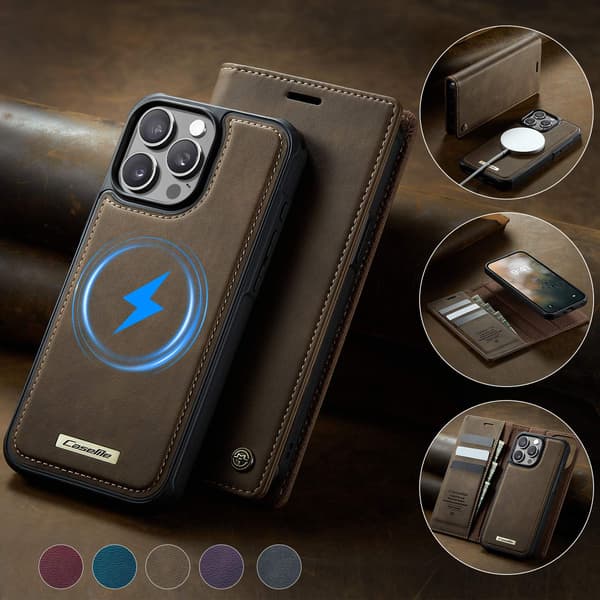 CASEME Til iPhone 15 Pro Lommebokdeksel Magnetisk Avtakbar RFID Beskyttelse - Coffee Brown