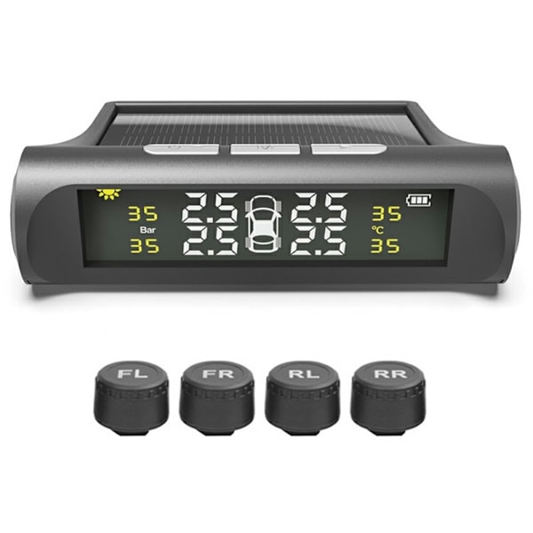 TPMS Däcktrycksövervakningssystem Soldriven bildäcksensor Högt lågt tryckvarning Svart