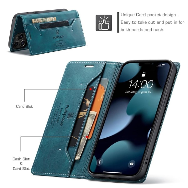 AUTSPACE A01 Retro Wallet Cover til iPhone 13 Pro Max - Blå Blue