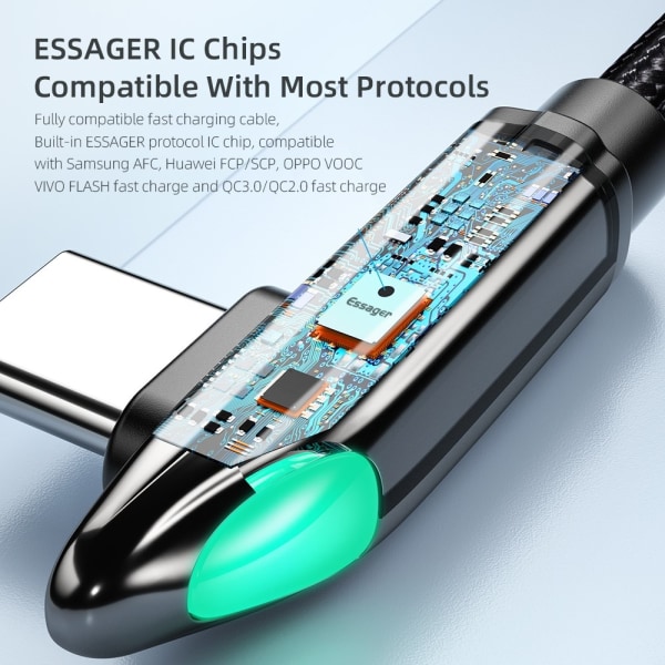 ESSAGER 1m 6A 66W USB-C hurtigopladningskabel datakabel 90 grade Black