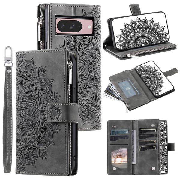 For Google Pixel 10 Pro / 10 / 9 Pro / 9  Lommebok Deksel Shell Mandala Blomstermønster Grey