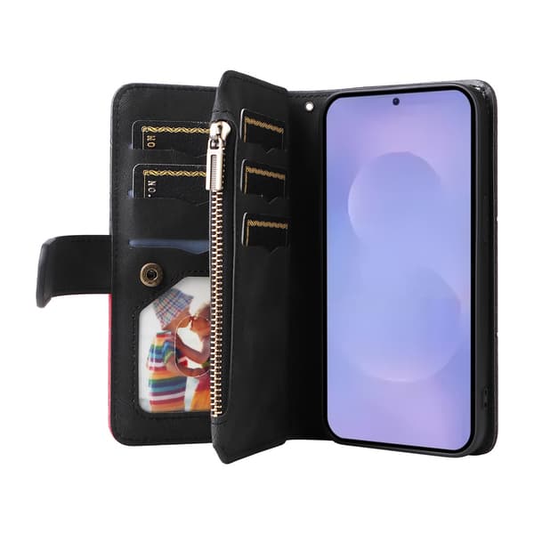 Til Samsung Galaxy S26 Pungcover med Lynlås og Håndledsrem Stander - Sort Black