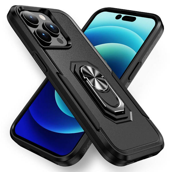 iPhone 14 Pro Stødsikker TPU + PC Kickstand Telefontaske Bilmontering Metalplade - Sort Black