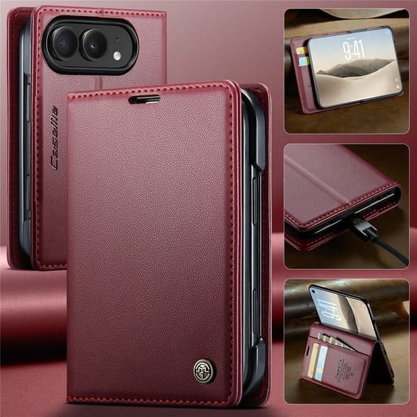 CASEME Glanset telefonlommebokdeksel med litchi tekstur til iPhone Duo Red