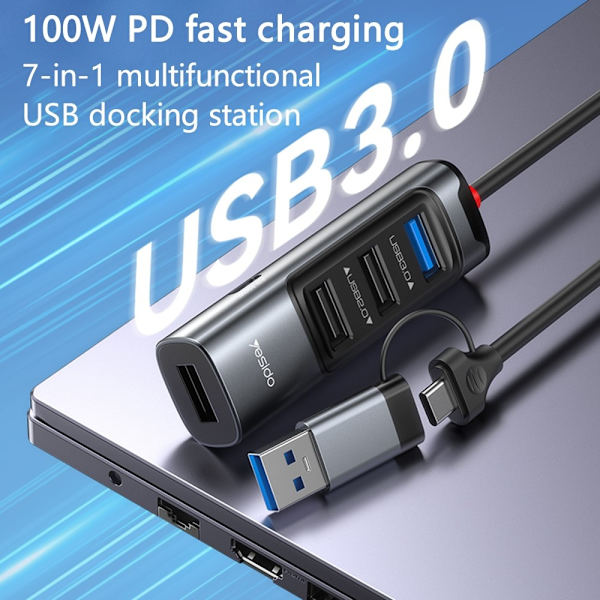 USB + USB-C Hub Adapter Konverter USB 3.0 + 3xUSB 2.0 + PD 100W Black