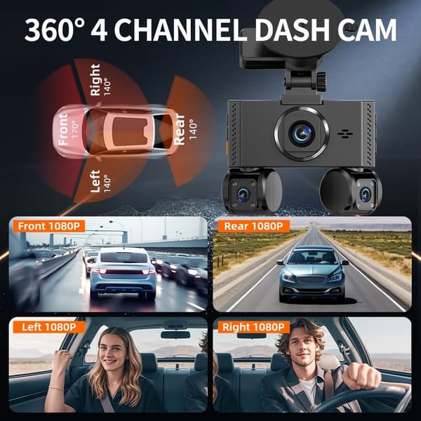 Bilkamera WiFi 4-kanals 2K Nattesyn Quad Lens Bil DVR GPS-modul Step Down-kabel Black