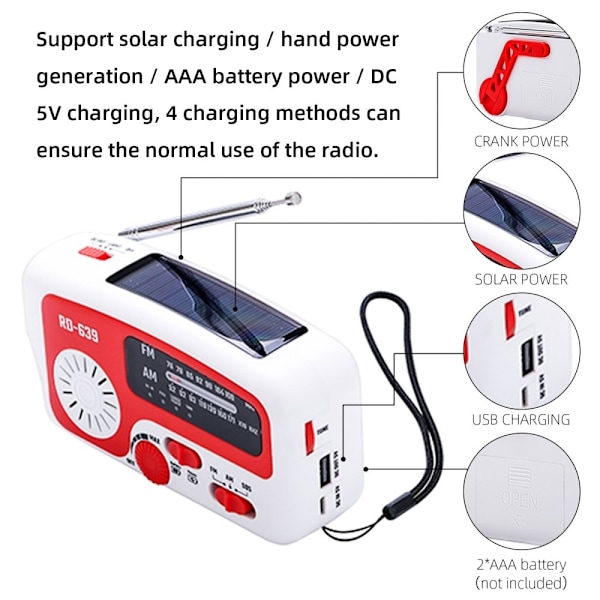 AM/FM nødradio Håndsving lommelygte SOS solcelle PowerBank USB White