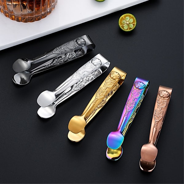 Ice Cube Spoon Tongs rustfrit stål rosemønster mini madtang Multicolor