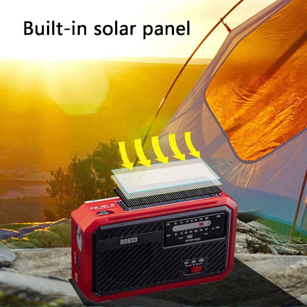 AM FM Radio Solar Laddning Handvev LED-Ficklampa PowerBank Röd