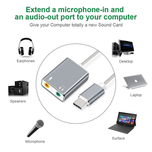 Externt Ljudkort USB-C till 3,5mm in och ut Silver