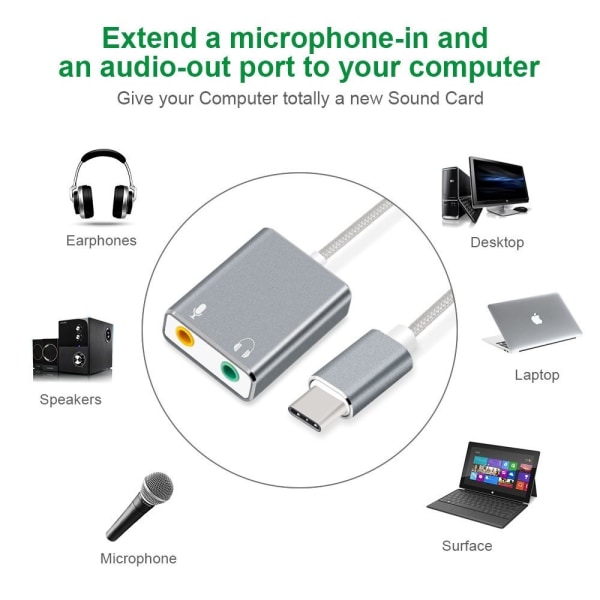 USB-C Audio Adapter Ekstern Stereo Lydkort Adapter med 3,5m Silver b655 |  Silver | 3.5mm | Fyndiq