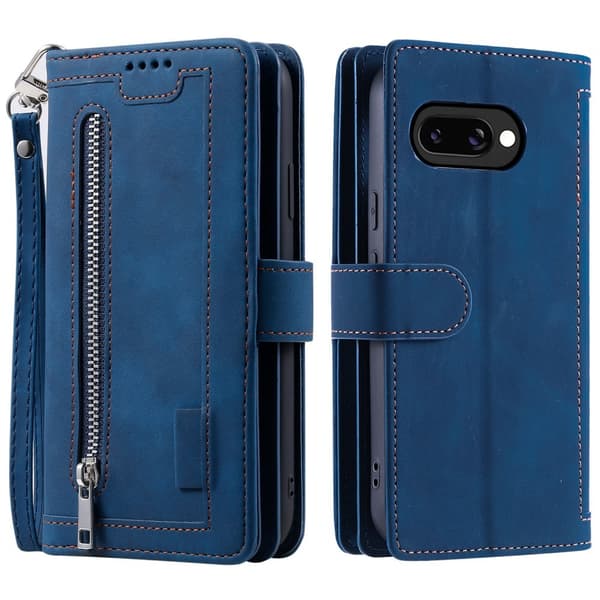 Til Google Pixel 9A Etui med Lynlåslomme og 9 Kortlommer Blue