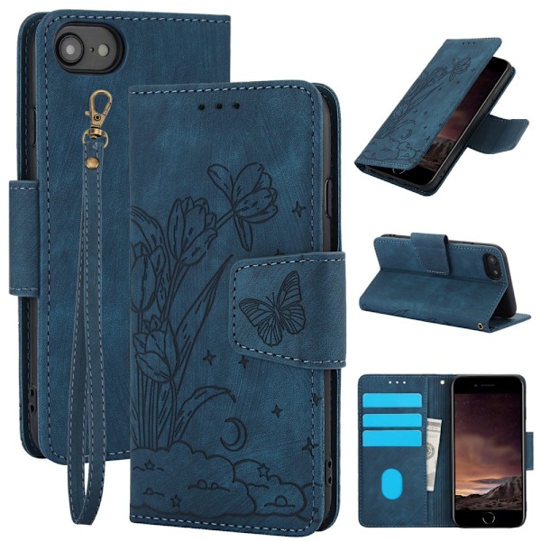 Til iPhone 17e / 16e Etui Sommerfugl Blomst Ridsefast Telefoncover Blue