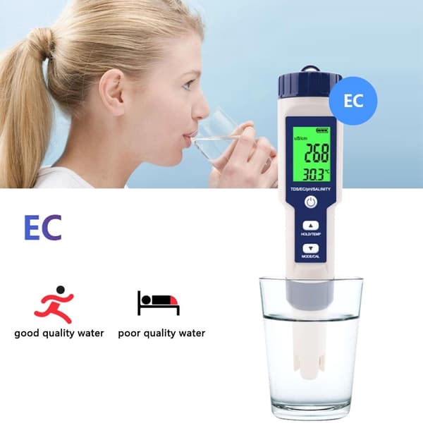 5-i-1 test for vann kvalitet EC pH TDS Temperatur Saltholdighet Grey