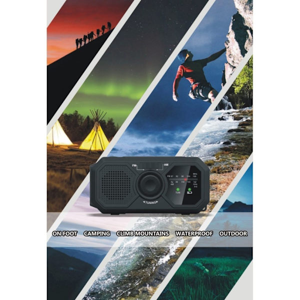 Väder AM / FM Radio Solar Handvev 1200mAh PowerBank ficklampa Svart