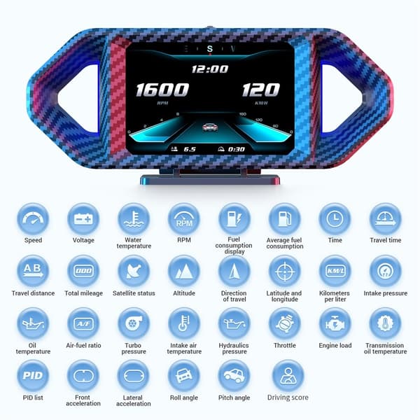 Speedometer med Head-Up Display (HUD), LCD, OBD og GPS – turtall, drivstofforbruk og stigning Blue