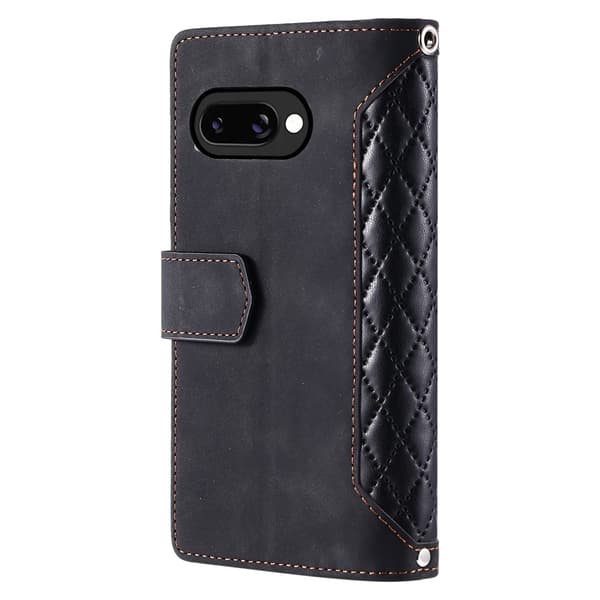 For Google Pixel 10a Wallet Case PU Leather Rhombus Pattern with Wrist Strap- Black Black