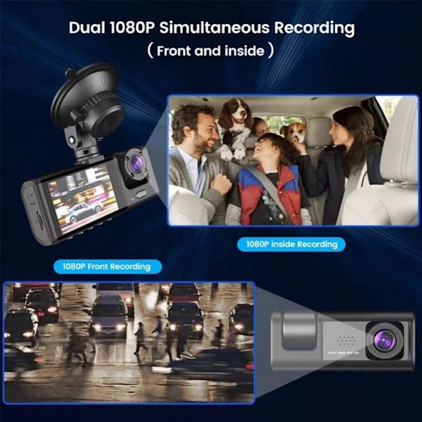 Bilkamera 3 objektiv vidvinkel 1080P HD bil DVR Dash Cam parkeringsmonitor Svart