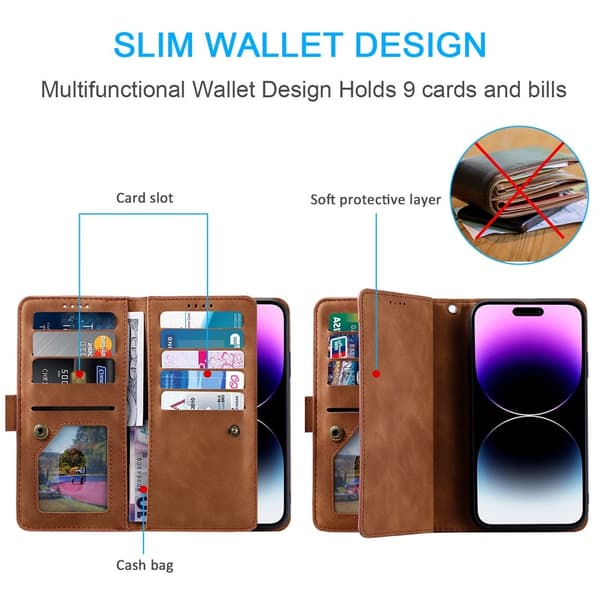 iPhone 17 Pro Kuori Vetoketjutaskulla ja 9 Korttipaikalla Brown