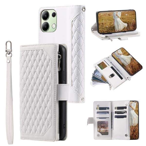 För Xiaomi Redmi 15C Zipper Wallet Case Rhombus Stitching Line Telefonfodral Vit
