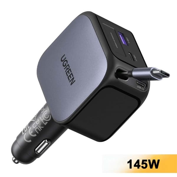 UGREEN 100W hurtig oplader bil (USB-A + 2 USB-C-porte) med indtrækkeligt 60W USB-C-kabel Black