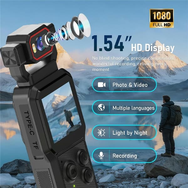 Actionkamera / videokamera / vlog-kamera – 1,54" HD-skærm, 4K HD, WiFi, Bluetooth Black