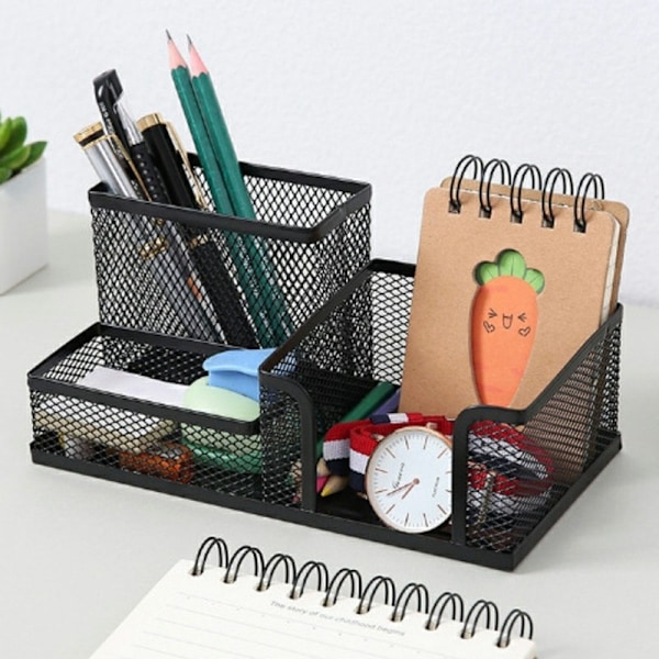 3 fack Metall Skrivbord Organizer Pennhållare Organiserare Förvaring Låda Svart
