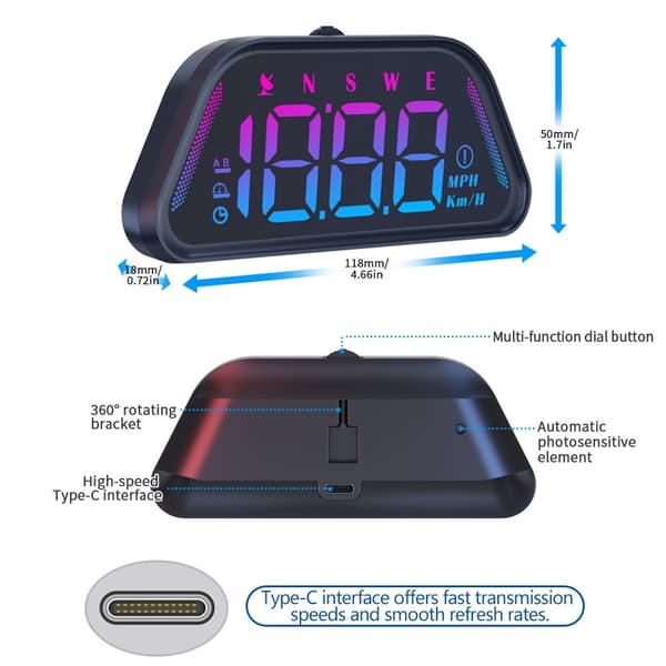 Hastighetsmätare GPS-HUD (Head-Up Display) kompass höjdmätare auto på-/av Blå