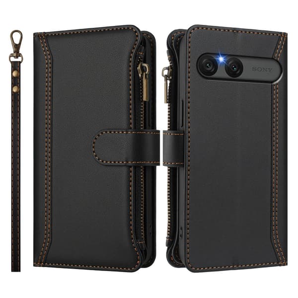 Til Sony Xperia 10 VII Etui med 9 kortpladser, lynlåspung og stativ - Sort Black