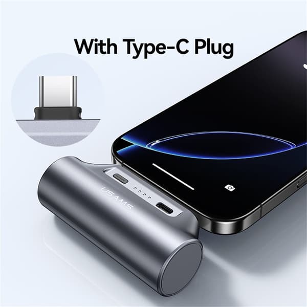 USAMS Mini Powerbank 3000mAh USB-C Bärbar Laddare Nödladdare Silver