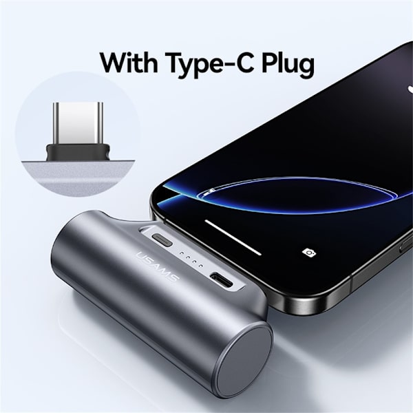 USAMS Mini Powerbank 3000mAh USB-C Bærbar Oplader Nødoplader Silver