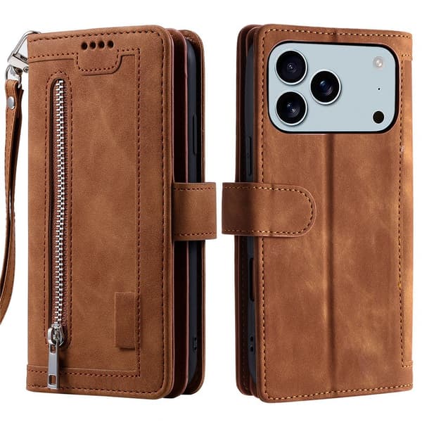 iPhone 17 Pro Max Kuori Vetoketjutaskulla ja 9 Korttipaikalla Brown